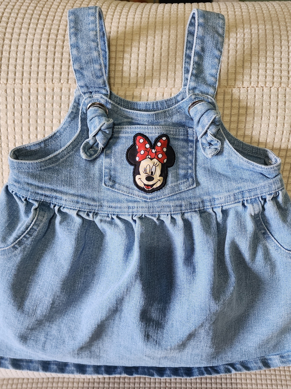 Disney Light Blue Denim Minnie Mouse Overall Dress with Red Bow Patch
